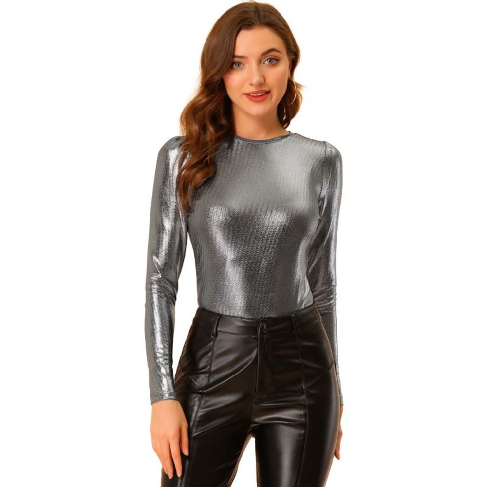 Long Sleeve Sparkly Party Glitter Shiny Metallic Tops Shirt Black Silver